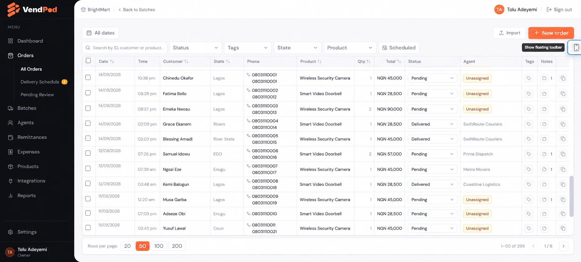 The VendPod orders screen: each order shows the customer, state, product, total, status and delivery agent