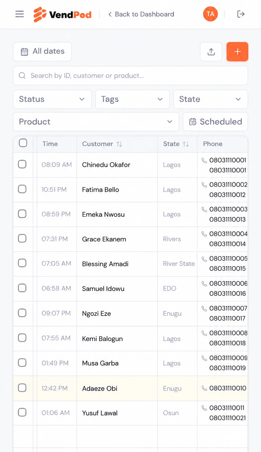 The VendPod orders screen on a phone, with search, filters and tap-to-call customer numbers